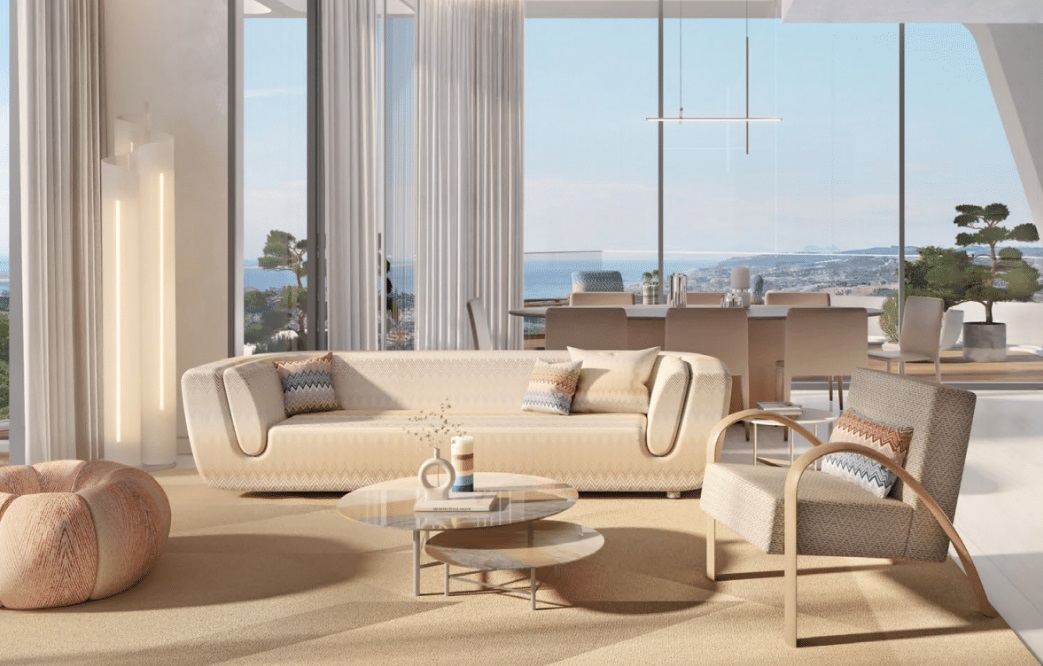 Marea, interiors by Missoni. Render of living room with Missoni style accents